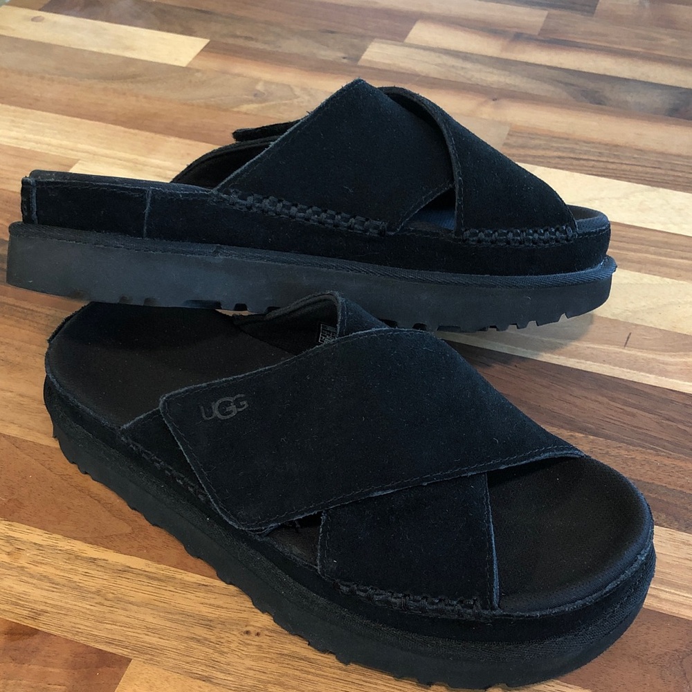UGG Black Suede Crisscross Platform Slides